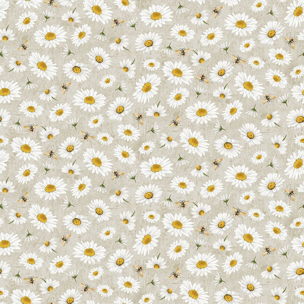 Timeless Treasures Honeybee Farm - Tossed Bee and Daisy Florals Grey| Per Half Yard