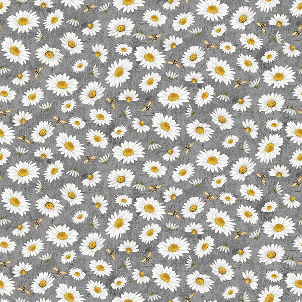 Timeless Treasures Honeybee Farm - Tossed Bee and Daisy Florals Slate | Per Half Yard