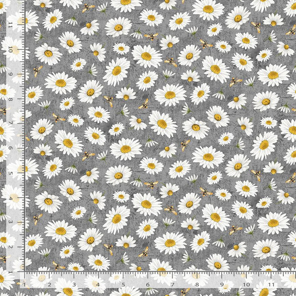 Timeless Treasures Honeybee Farm - Tossed Bee and Daisy Florals Slate | Per Half Yard