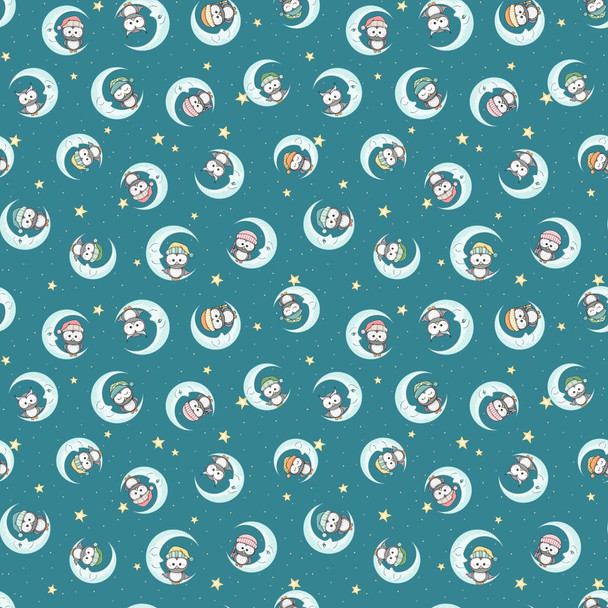 teal flannel fabric with cute owls standing on slivered moons. the owls are wearing knit caps