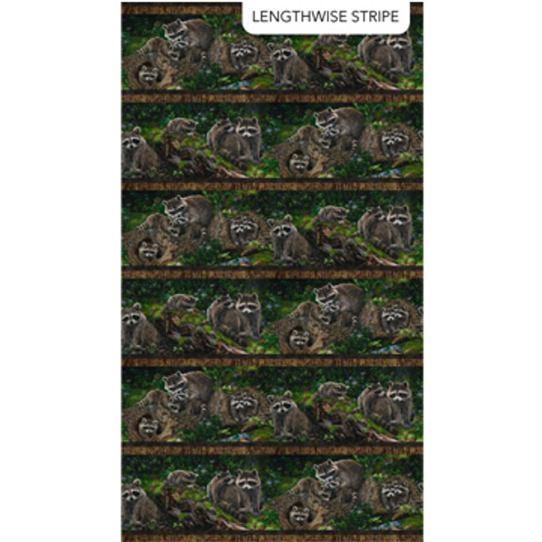 Northcott Little Rascals Naturescapes Raccoon Border Stripe Brown Multi| Per Half Yard
