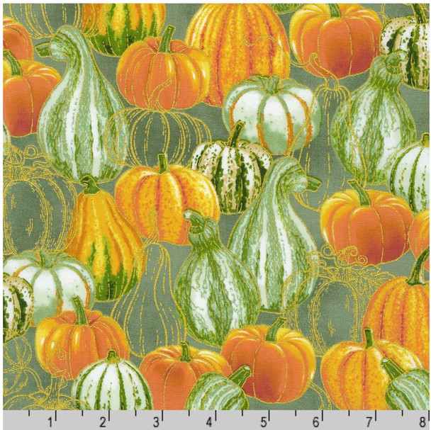 Robert Kaufman Autumn Fields SRKM 21574-39 Willow Gourds Pumpkins Metallic| Per Half Yard