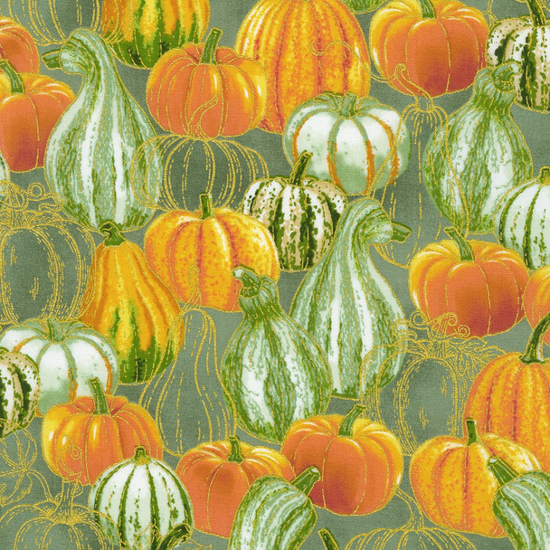 Robert Kaufman Autumn Fields SRKM 21574-39 Willow Gourds Pumpkins Metallic| Per Half Yard