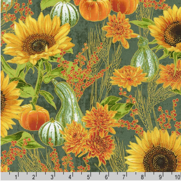 Robert Kaufman Autumn Fields SRKM-21572-39 Willow Sunflowers Gourds Metallic| Per Half Yard