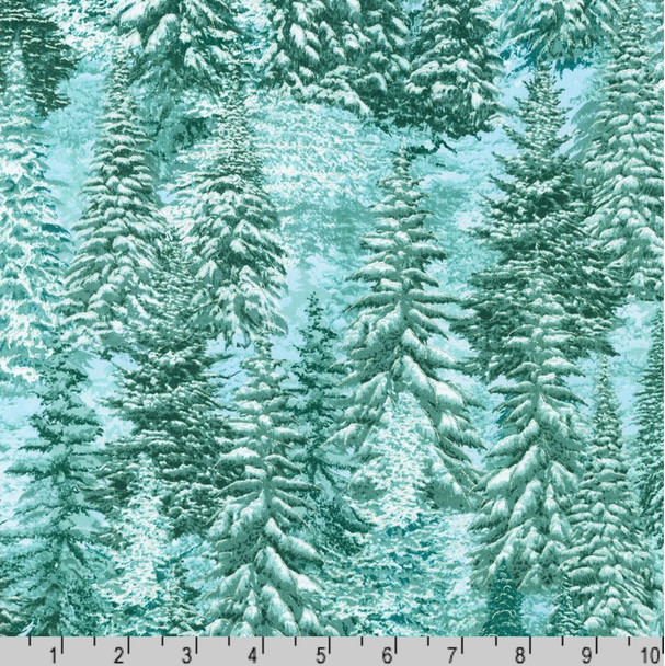 Robert Kaufman Snowy Brook Metallic SRKM-21579-70 Aqua Evergreen Pine Forest | Per Half Yard