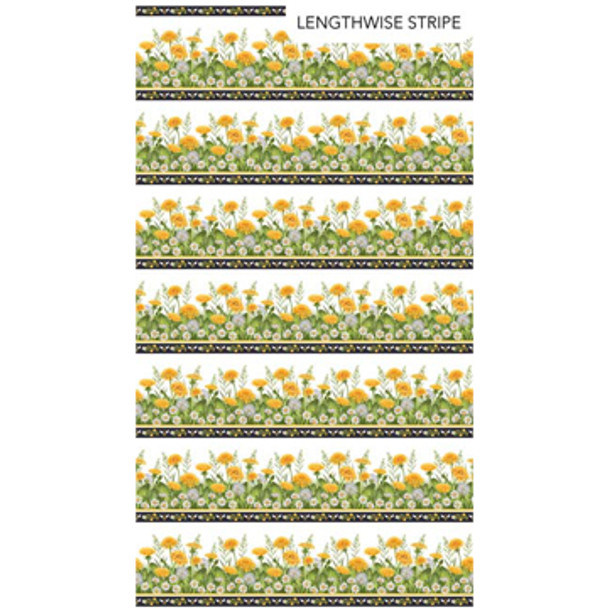 Northcott Beecroft Border Stripe White Multi Dandelions Bees 26671-10| Per Half Yard