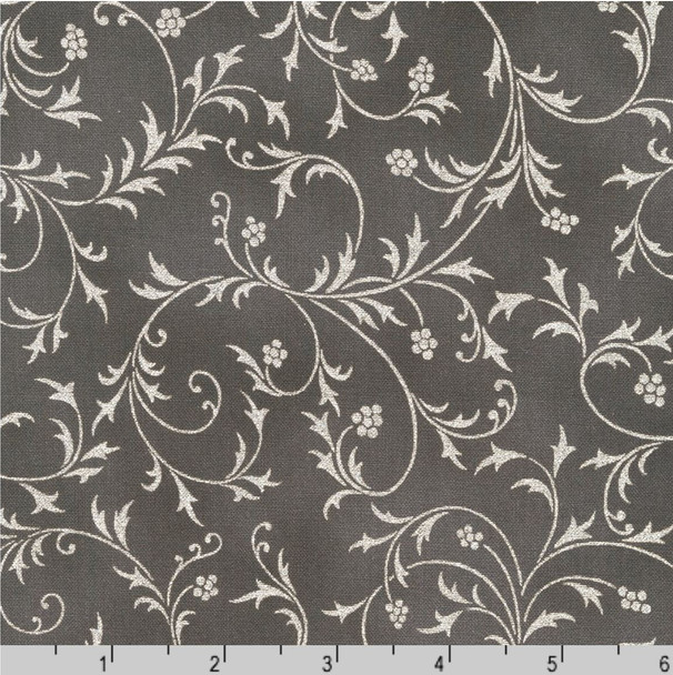 Robert Kaufman Holiday Flourish Snow Flower Metallic Scroll Graphite Grey | Per Half Yard