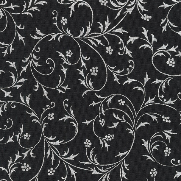 Robert Kaufman Holiday Flourish Snow Flower Metallic Scroll Onyx Black | Per Half Yard