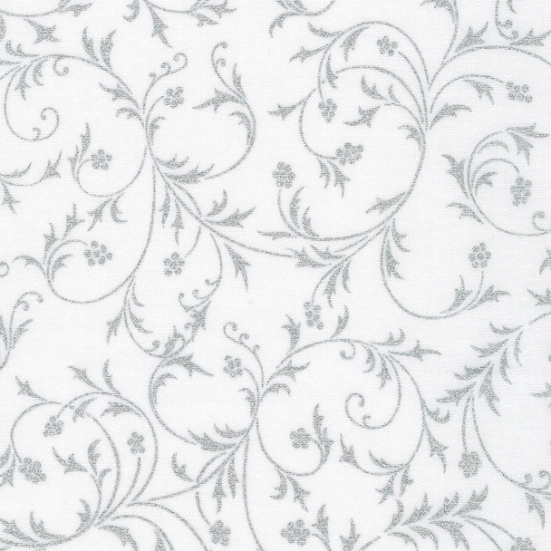 Robert Kaufman Holiday Flourish Snow Flower Metallic Scroll Ice White | Per Half Yard