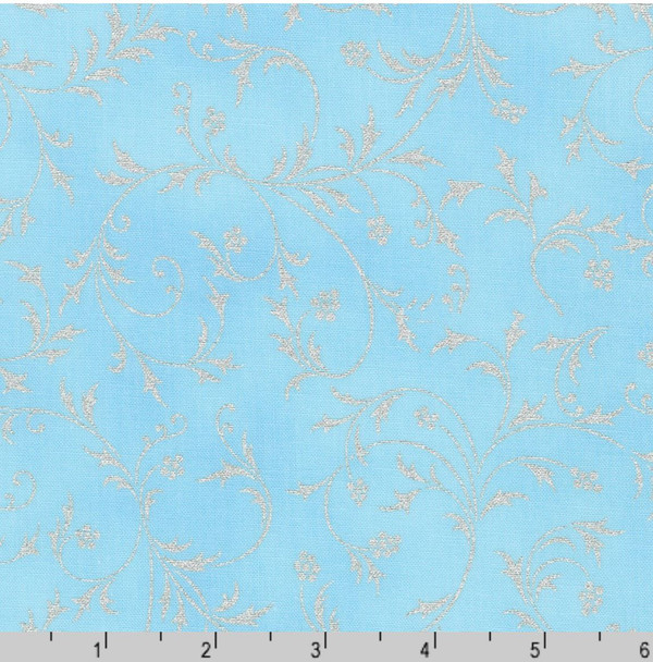 Robert Kaufman Holiday Flourish Snow Flower Metallic Scroll Sky Blue | Per Half Yard