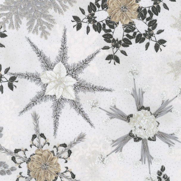 Robert Kaufman Holiday Flourish Snow Flower Metallic Blanc | Per Half Yard
