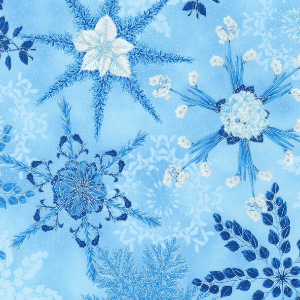 Robert Kaufman Holiday Flourish Snow Flower Metallic Blue| Per Half Yard
