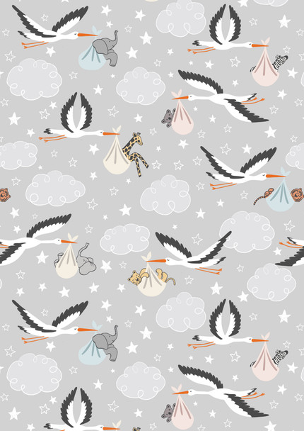 Lewis and Irene Special Delivery Storks Baby Animals Light Grey A767.2 | Per Half Yard