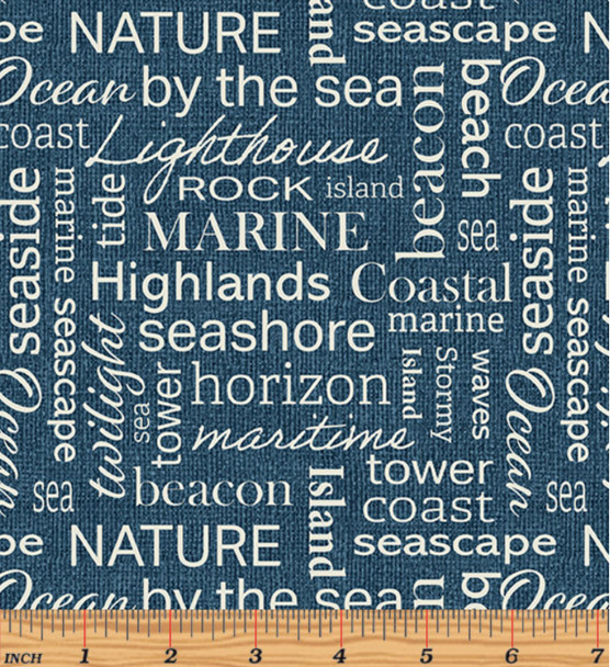 Benartex Coastal Burlap 16059-54 Coastal Words Blue | Per Half Yard