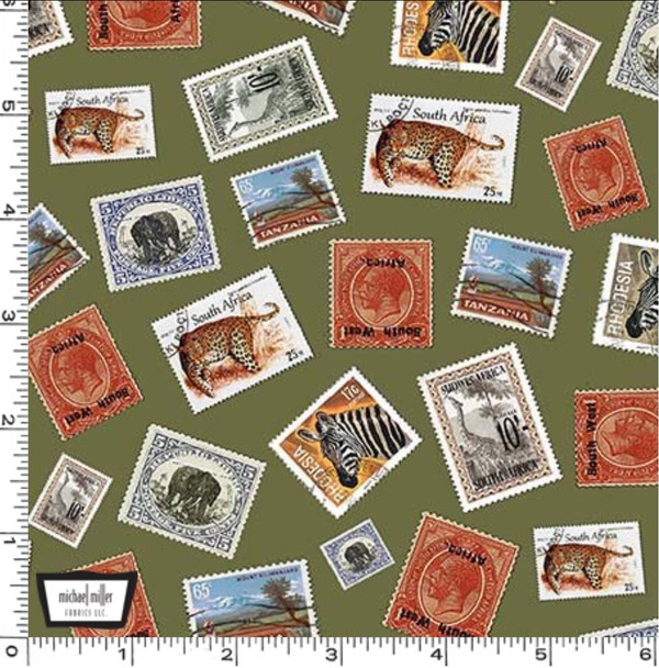 Michael Miller Safari CX11328 Olive Safari Stamps  | Per Half Yard