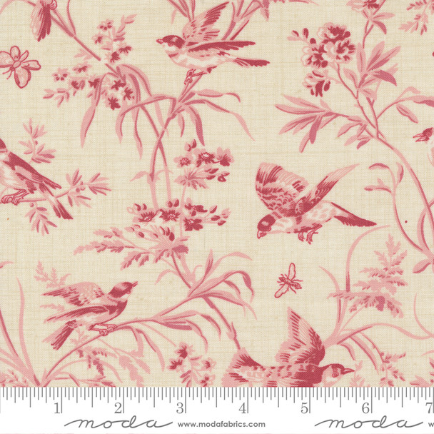 Moda French General Antoinette 13950 11 Pearl Faded Red Aviary De Trianon Florals Birds Butterflies| Per Half Yard