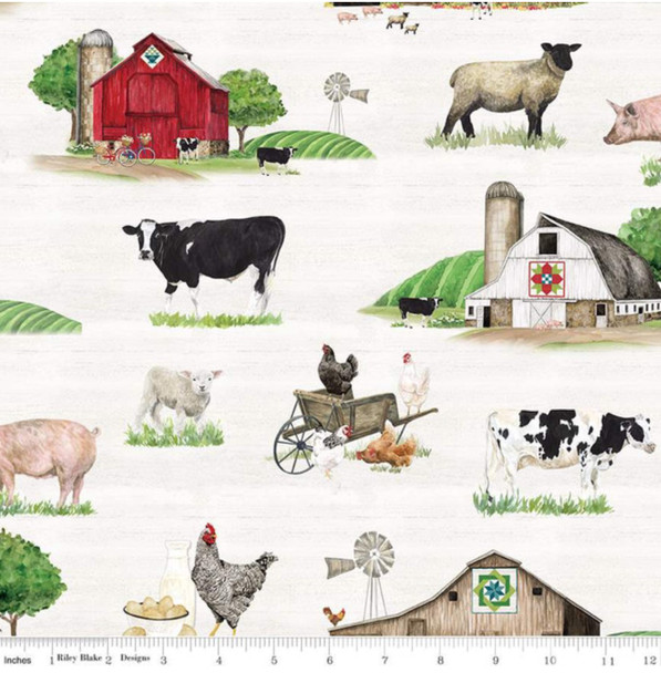 Riley Blake Spring Barn Quilts | Main Parchment Barn Quilt Farm Animal CD14330-Parchment | Per Half Yard