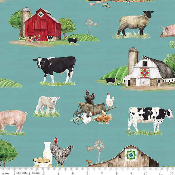 Riley Blake Spring Barn Quilts | Main Parchment Barn Quilt Farm Animal CD14330-Teal | Per Half Yard