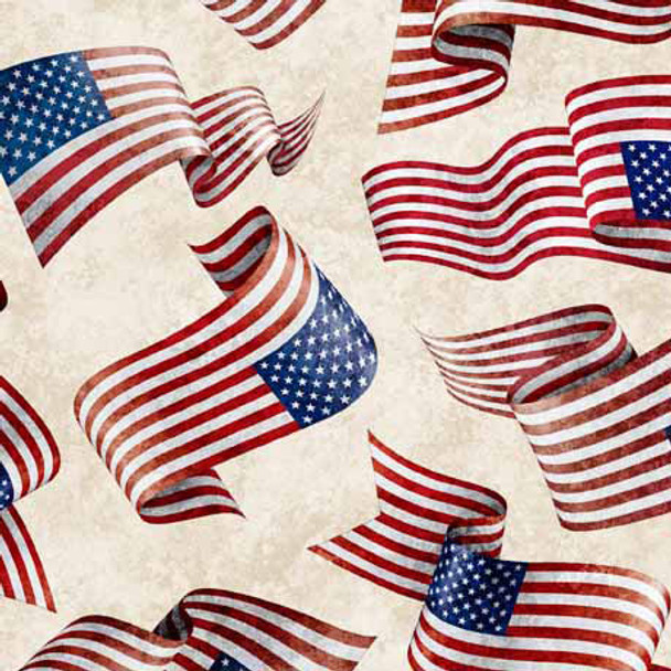 QT Fabrics American Spirit 30129-E  American Flag Toss on Cream| Per Half-Yard