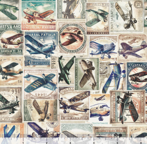 QT Fabrics Flying High 30051-X Multi Vintage Airplane Collage Stamps | Per Half-Yard