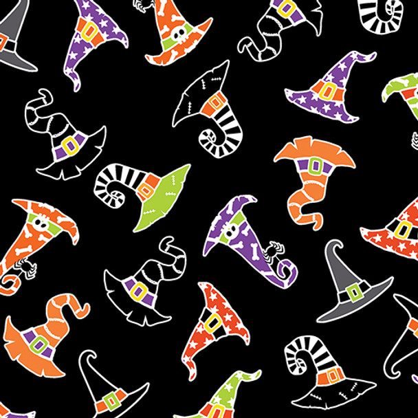 fabric black background and colorful halloween hocus pocus witch hats tossed