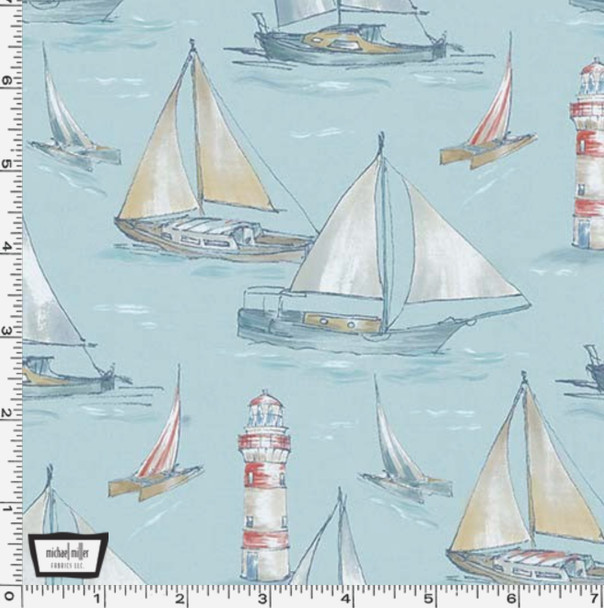 Michael Miller Coastal Living CX11432-Blue Boating Sailboats Lighthouses | Per Half Yard