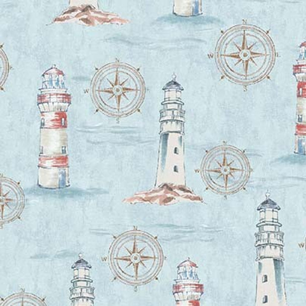 Michael Miller Coastal Living CX11441 Blue Beacons Lighthouse Compass| Per Half Yard