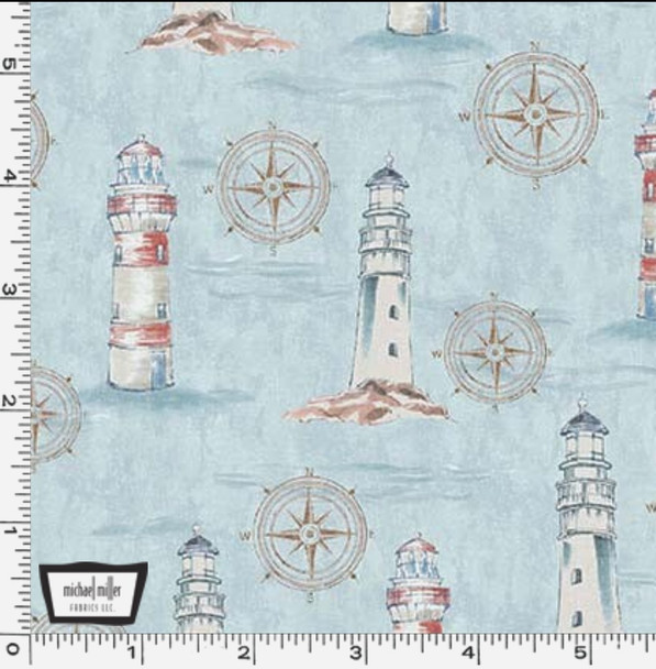 Michael Miller Coastal Living CX11441 Blue Beacons Lighthouse Compass| Per Half Yard