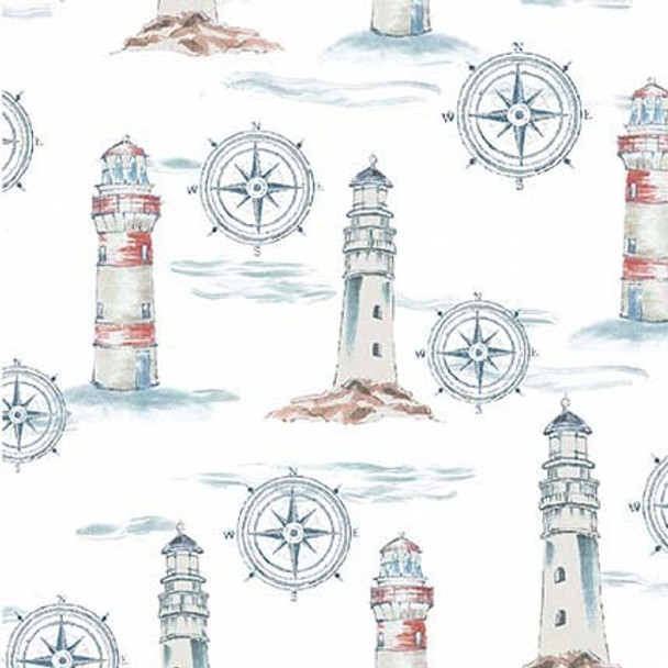 Michael Miller Coastal Living CX11441 White Beacons Lighthouse Compass| Per Half Yard