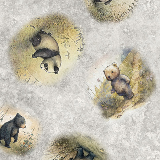 QT Fabrics Bear Hugs 30063-K Gray Bear Vignettes - Cubs Walking in Wildflowers| Per Half-Yard