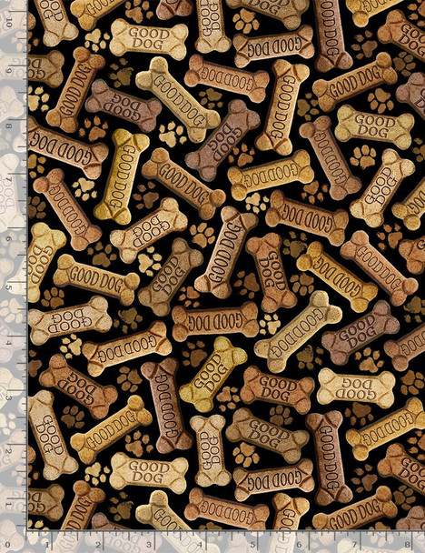 Timeless Treasures Happiness Has Paws DOG-CD8555  BLACK Tossed Dog Bones | SOLD BY THE HALF-YARD
