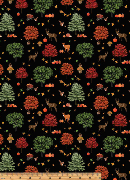 2024 All New England Shop Hop Fabric FALL Black 14776-12 Trees Deer Pumpkins Squirrels Apples | Per Half Yard