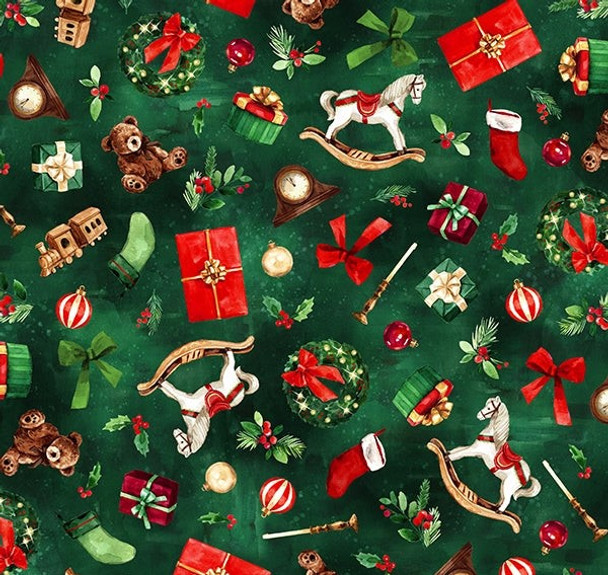 Hoffman Furever Cheerful - Tossed Elements Christmas Holiday Toys Pine Green Digital Print | Per Half Yard