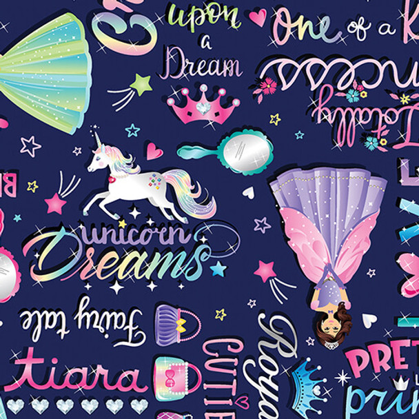 Benartex Fairytale Dreams 14530-58 Fairytale Words Navy Princess Unicorn | SOLD BY THE HALF-YARD