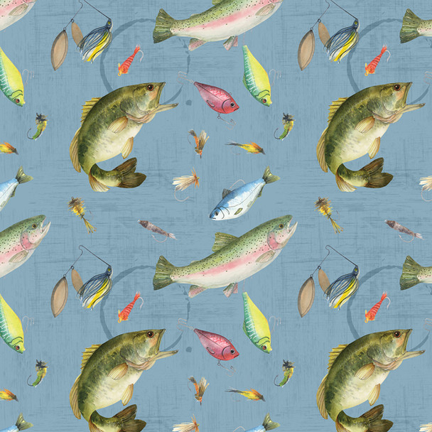 Gone Fishing 21763-475 Fish and Lures Toss Blue by Holly Thomas Stein for Wilmington |SOLD BY THE HALF-YARD