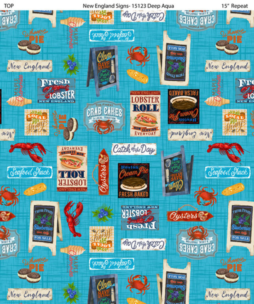 Preorder: 2025 All New England Shop Hop Fabric - New England Signs Lobster Crab Deep Aqua 1512-384 | SOLD BY THE HALF-YARD