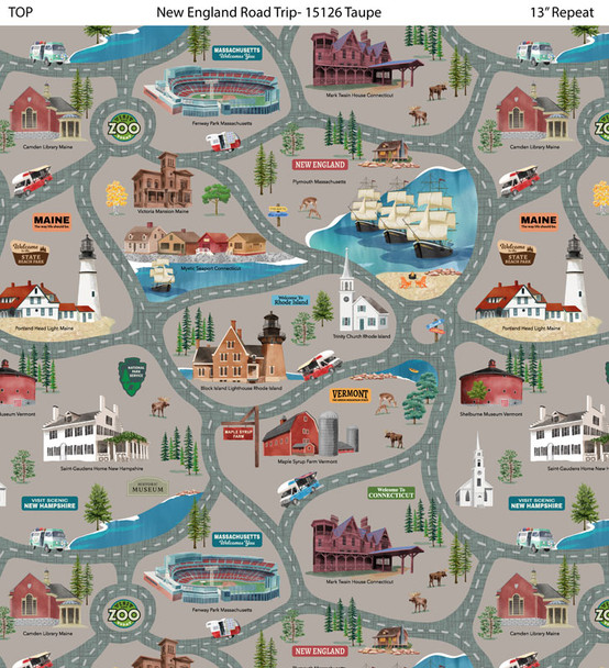 2025 All New England Shop Hop Fabric - New England Road Trip Taupe 1512-672 | SOLD BY THE HALF-YARD