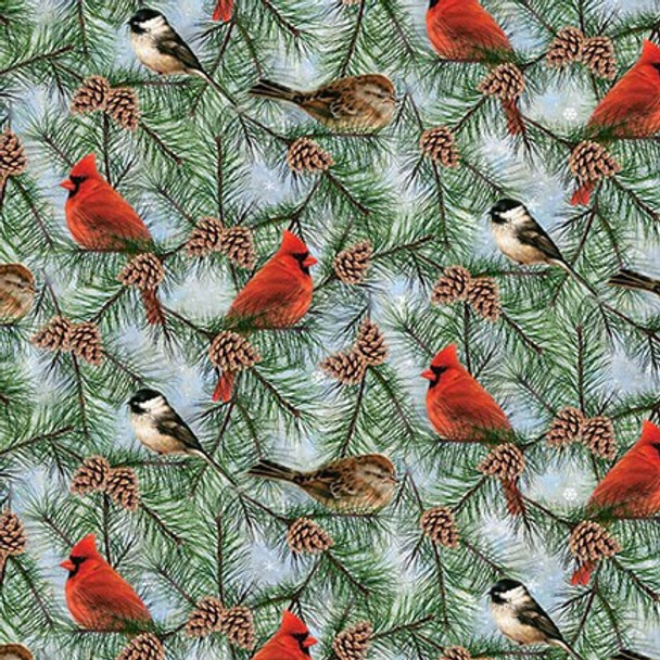 Henry Glass - Believe 1873-11 Blue Cardinals Chickadees Pine Branches | SOLD BY THE HALF-YARD