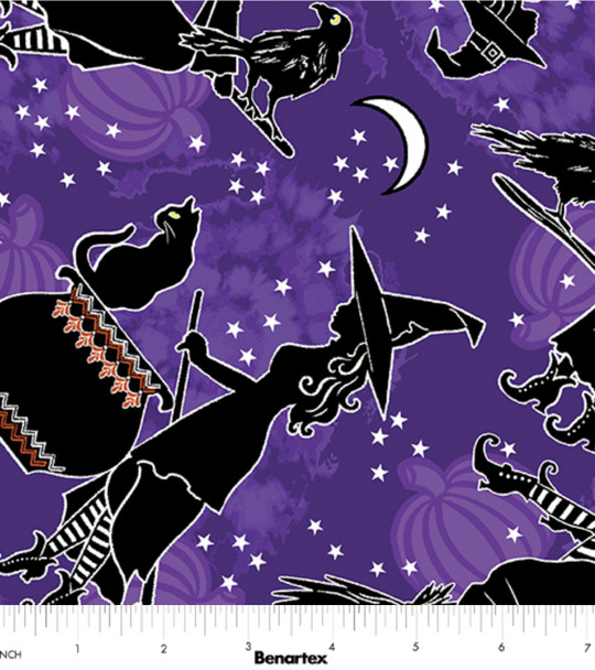 Benartex Happy Hauntings Glow in The Dark Fabric - Witchy Woman Purple Black Cat 14946G-66| SOLD BY THE HALF-YARD
