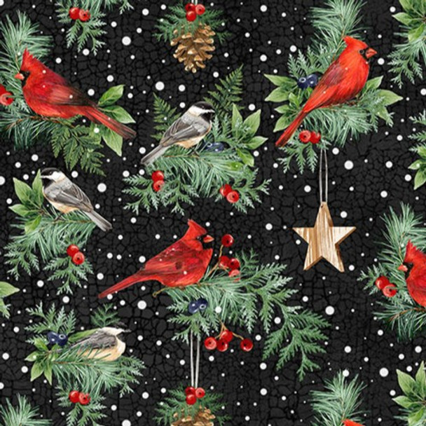 Northcott Winter Song 27804-99 Birds Black Multi | SOLD BY THE HALF-YARD