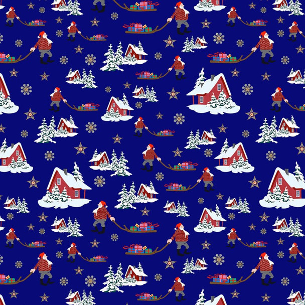 Lewis & Irene Norwegian Christmas AC10C Christmas Eve on Blue | SOLD BY THE HALF-YARD