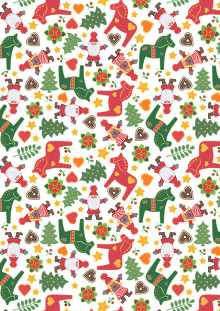 Lewis & Irene Tomten's Folklore Christmas CE41 Tomtens and Horses on White | SOLD BY THE HALF-YARD