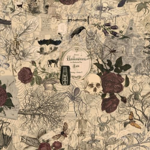 Moda 3 Sisters Haunted Mansion 44371-11 Multi  Collage Fall Halloween Vintage Ephemera| SOLD BY THE HALF-YARD