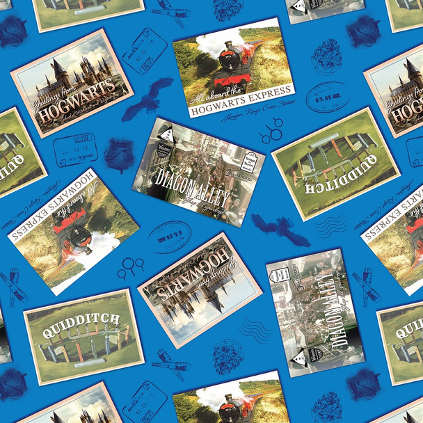 Benartex Harry Potter Postcards Royal Blue 15215-56 | SOLD BY THE HALF-YARD