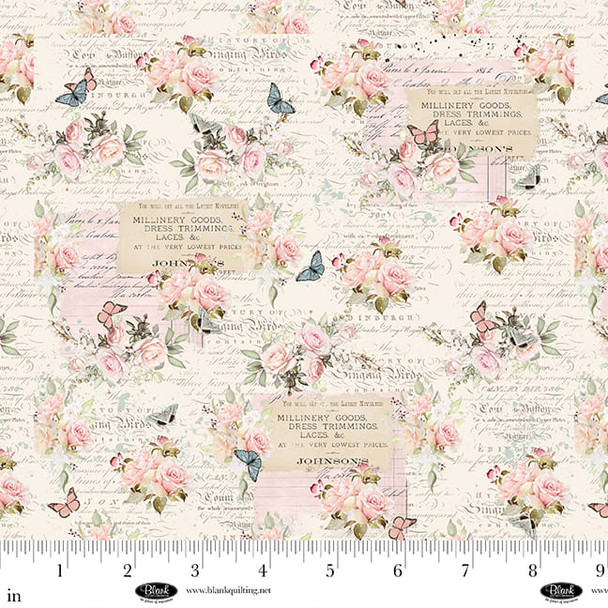 Blank Quilting - Parisian Snippets 4298-41 Ecru Roses with Text | SOLD BY THE HALF-YARD