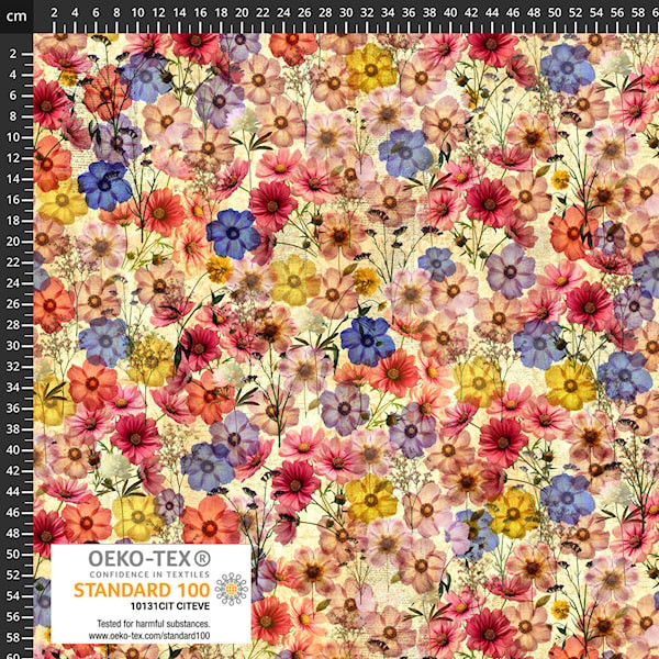 Stof Fabrics - Wistful Blooms 4504-092 Multi Pressed Flowers Antique Text | SOLD BY THE HALF-YARD