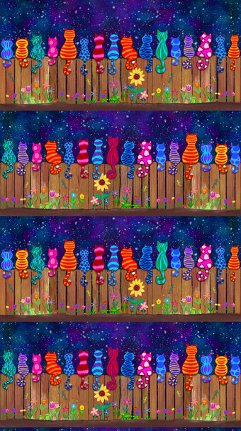Timeless Treasures Meow You Doing - Colorful Cats on Fence 11" Stripe | SOLD BY THE HALF-YARD