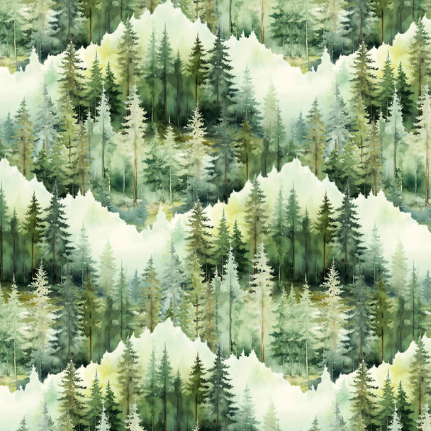 P&B Bigfoot Country BCOU 6127 GMU Trees All Over Watercolor Pine Trees Mountains | SOLD BY THE HALF-YARD