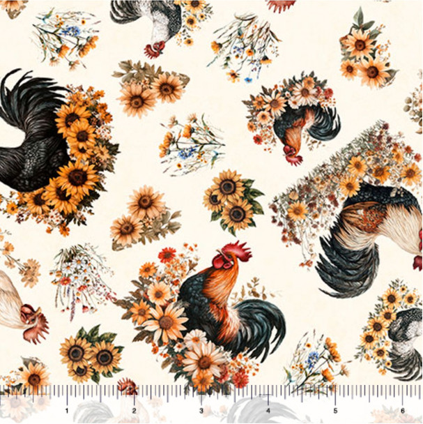 QT Fabrics Rule The Roost 31500-E Tossed Roosters and Flowers | SOLD BY THE HALF-YARD