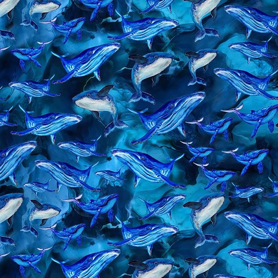Hoffman Whale Song X5689-682 Deep Blue Whales in Ocean | SOLD BY THE HALF-YARD